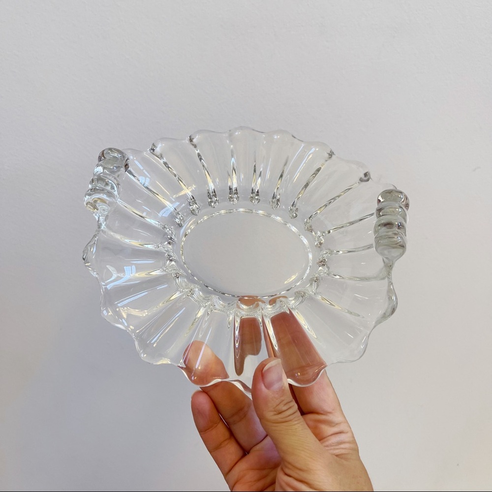 Vintage Heisey Pressed Hand Blown Glass Scroll Handle Serving Dish Trinket Dish